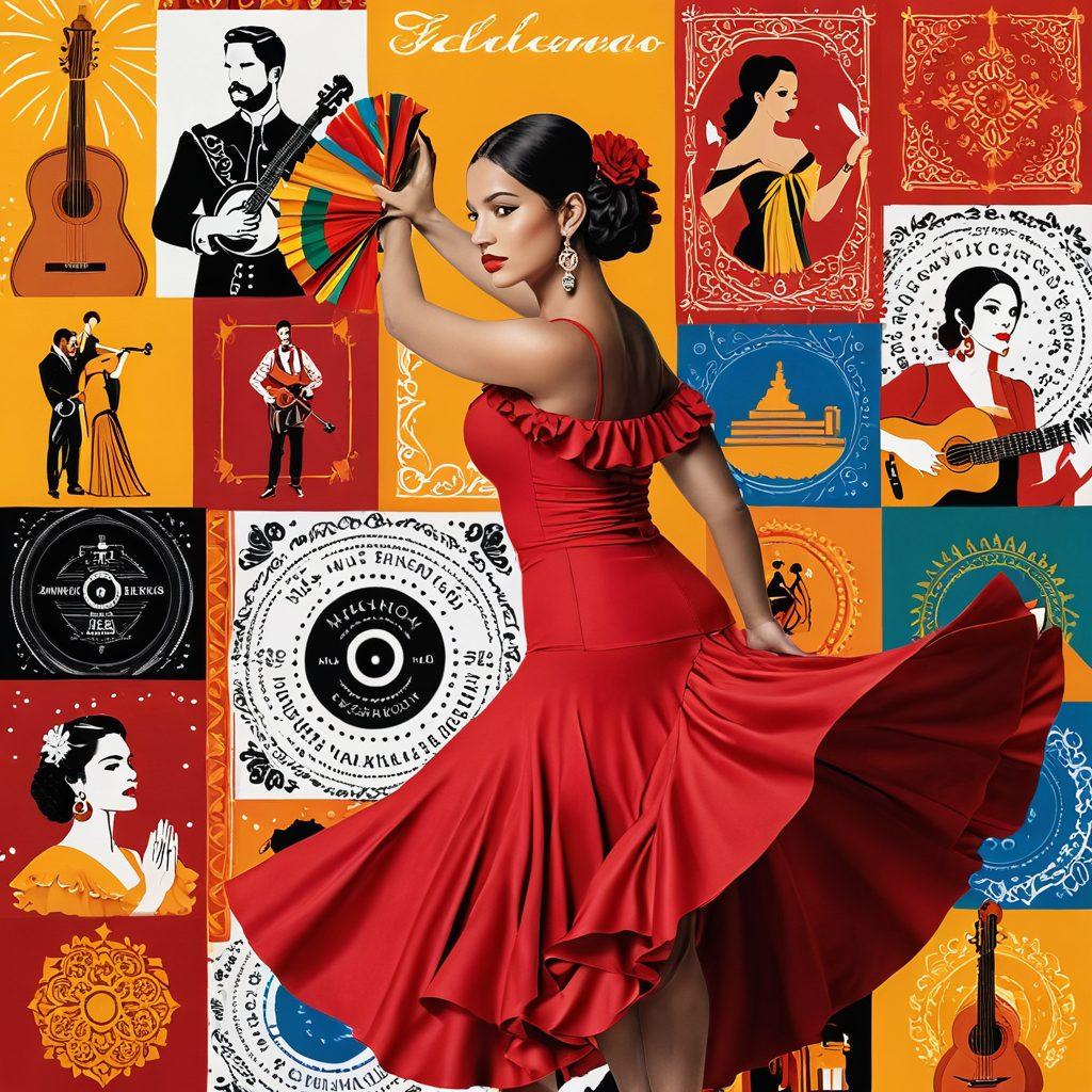 A vibrant collage showcasing various streaming platforms featuring Latin entertainment, with iconic symbols like a flamenco dancer, a Mariachi band, and famous Latin movie posters. Surrounding these elements are flowing musical notes and film reels, illustrating the transition from live events to on-demand hits. The background features a colorful fiesta atmosphere with warm hues and festive decorations. super-realistic. vibrant colors.
